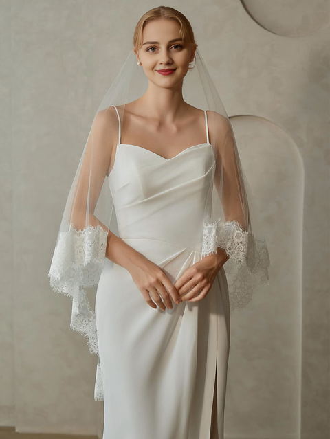 2 Tier Lace Edge Fingertip Length Wedding Bridal Veil with Comb for Bride Ivory OA42