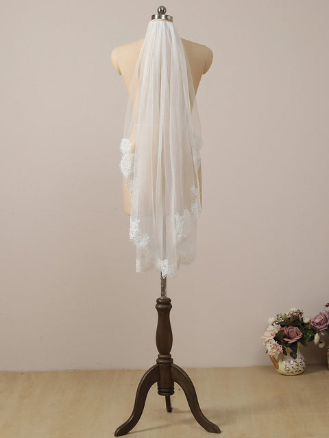 Fingertip Length Floral Lace Edge Wedding Bridal Veil with Comb for Bride Ivory OA57
