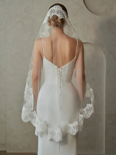 Mantilla Veils Floral Lace Edge Wedding Bridal Veil Fingertip Length for Brides OA40