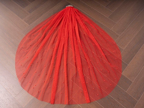 Pearl Wedding Bridal Veil Fingertip Length Red Tulle with Comb for Brides OA10