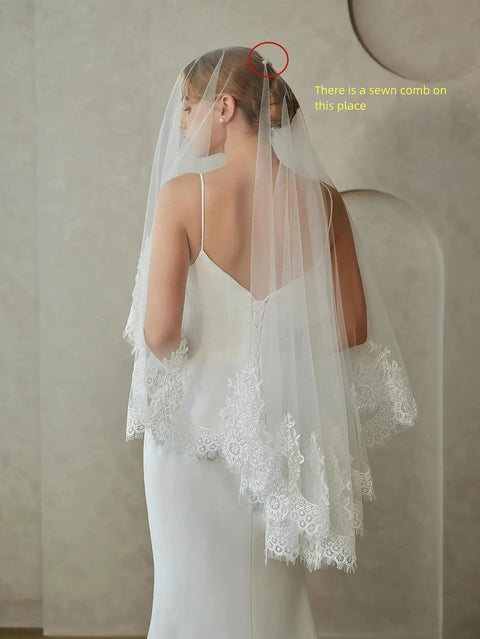 2 Tier Floral Lace Fingertip Length Wedding Bridal Veil with Comb for Bride Ivory OA43