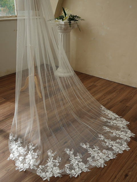Chapel Length Sequin Lace Floral Wedding Bridal Veil with Comb AG01