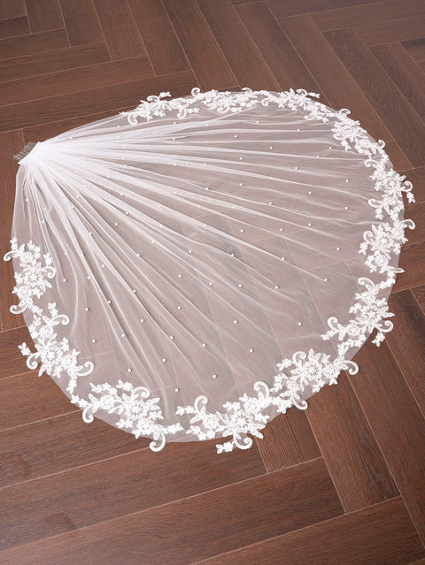 Pearl Lace Applique Fingertip Length Wedding Bridal Veil with Comb for Bride Off White OA14