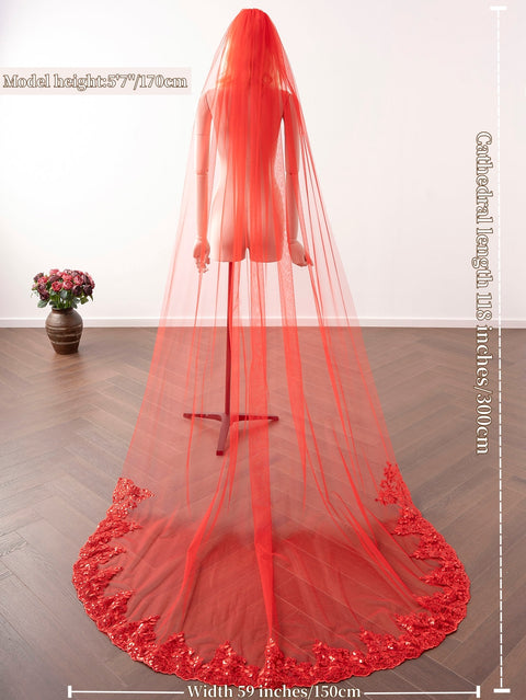 Red Tulle Lace Sequins Cathedral Length Wedding Veil with Comb for Bride OA28