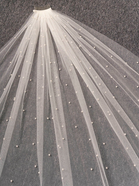 Pearl Chapel Length Wedding Bridal Veil with Metal Comb for Bride AS22