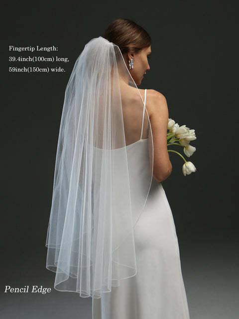 Pencil Edge Fingertip Length Wedding Bridal Veil with Comb for Bride BS06