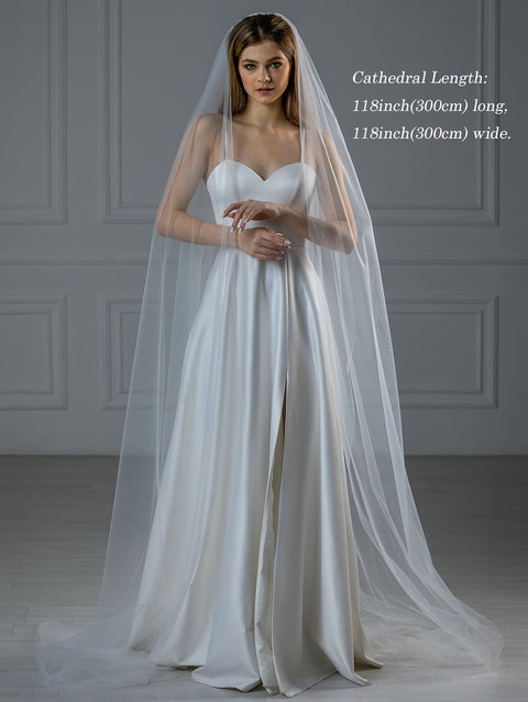 1 Tier Long Cathedral Length Bridal Veil Cut Edge with Metal Comb BS05