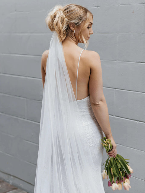 Long Cathedral Simple Drop Tulle Bridal Wedding Veil with Comb AS04