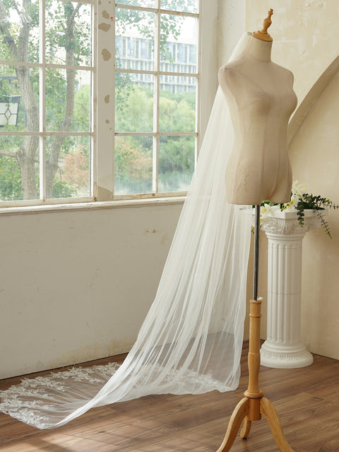 Chapel Length Sequin Lace Floral Wedding Bridal Veil with Comb AG01