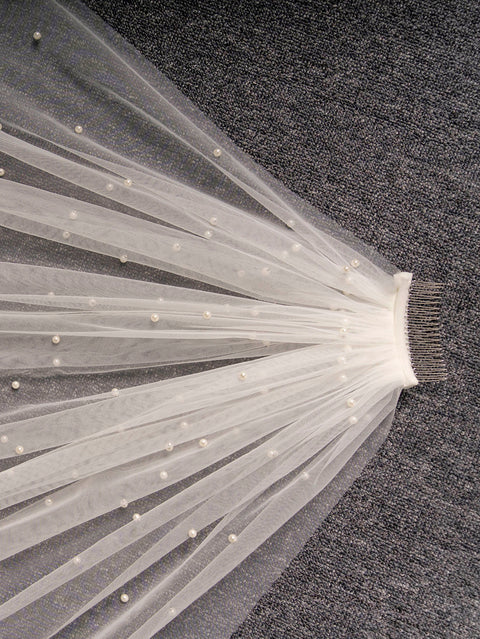 Pearl Chapel Length Wedding Bridal Veil with Metal Comb for Bride AS22