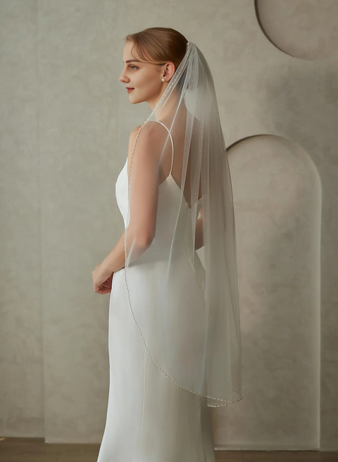 Pearls and Crystals Beaded Edge Fingertip Length Bridal Wedding Veil for Brides OA04