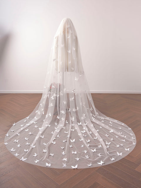 Cathedral Length 3D Butterfly Wedding Bridal Veil Soft Tulle with Metal for Bride OA26