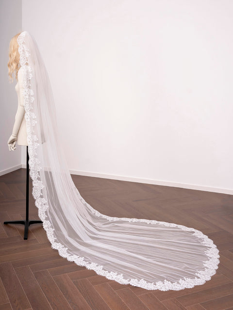 Cathedral Length Floral Lace Wedding Bridal Veil with Comb for Bride Ivory OA38