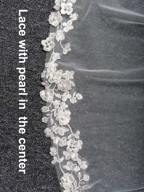 Pearl Fingertip Length Floral Wedding Bridal Veil with Comb AS19