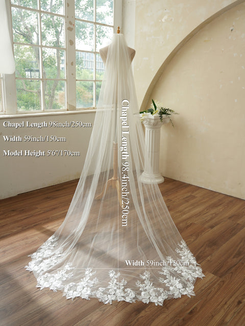 Chapel Length Sequin Lace Floral Wedding Bridal Veil with Comb AG01