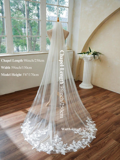 Chapel Length Floral Lace Wedding Bridal Veil with Metal Comb AS09