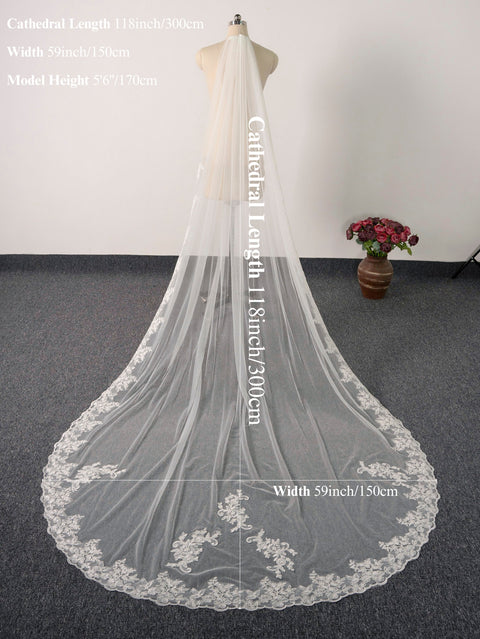 Cathedral Length 3M Lace Applique Wedding Bridal Veil with Metal Comb AS10