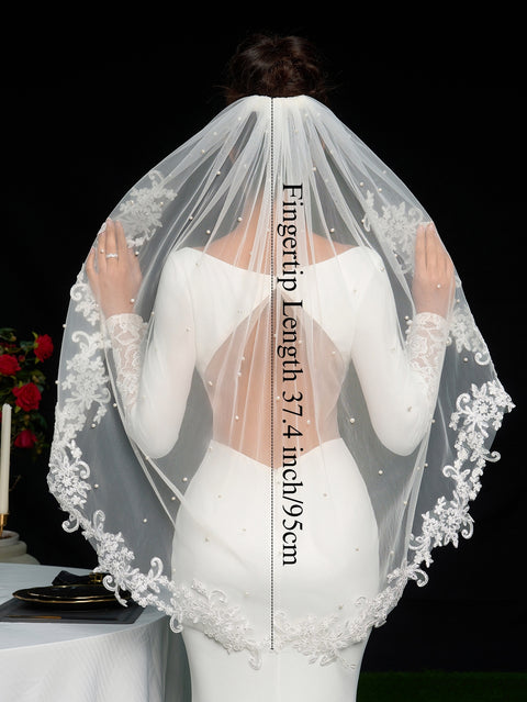 Pearl Fingertip Length Wedding Bridal Veil with Metal Comb AS14
