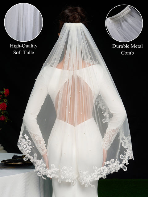 Pearl Fingertip Length Wedding Bridal Veil with Metal Comb AS14