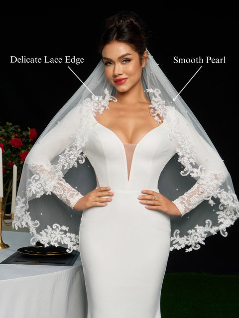 Pearl Fingertip Length Wedding Bridal Veil with Metal Comb AS14