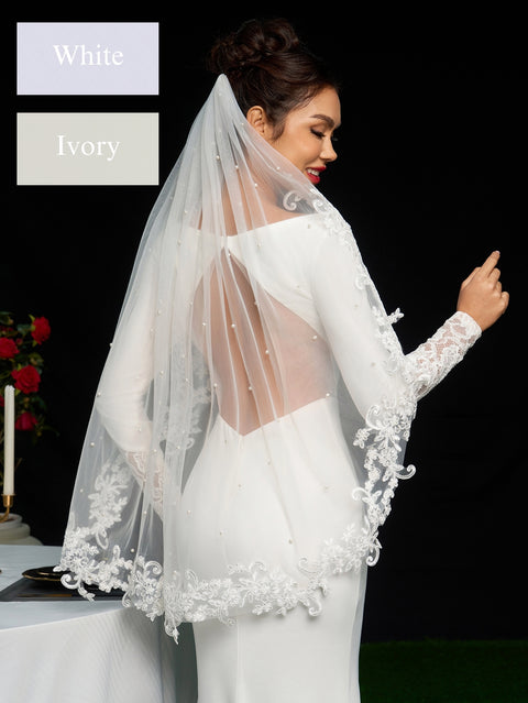 Pearl Fingertip Length Wedding Bridal Veil with Metal Comb AS14
