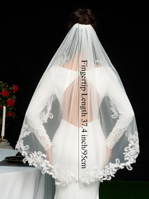 Pearl Fingertip Length Lace Wedding Bridal Veil with Comb AS15