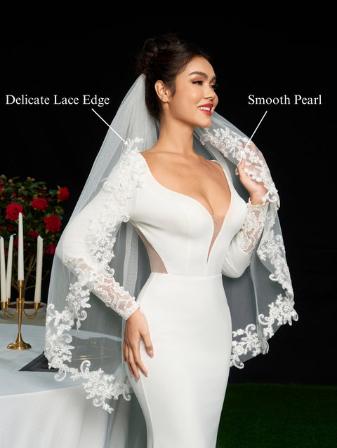 Pearl Fingertip Length Lace Wedding Bridal Veil with Comb AS15