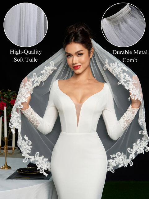 Pearl Fingertip Length Lace Wedding Bridal Veil with Comb AS15