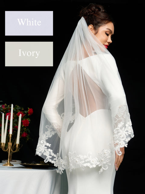 Pearl Fingertip Length Lace Wedding Bridal Veil with Comb AS15