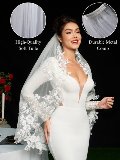 Fingertip Length Lace Floral Wedding Bridal Veil with Comb AS18