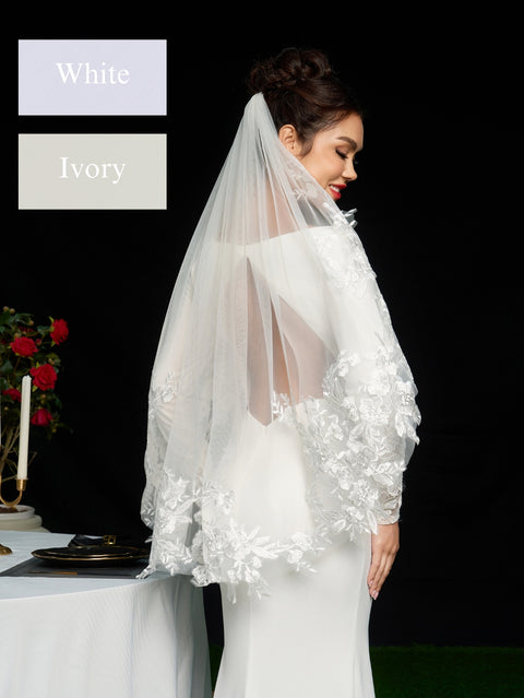 Fingertip Length Lace Floral Wedding Bridal Veil with Comb AS18