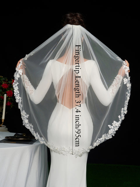 Pearl Fingertip Length Floral Wedding Bridal Veil with Comb AS19