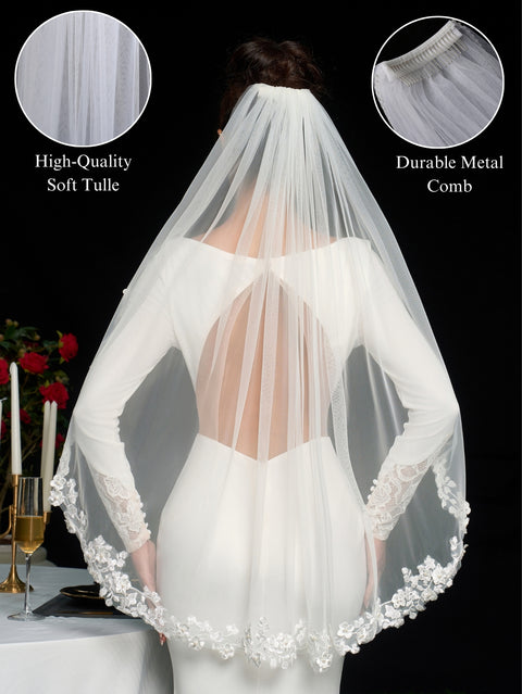 Pearl Fingertip Length Floral Wedding Bridal Veil with Comb AS19