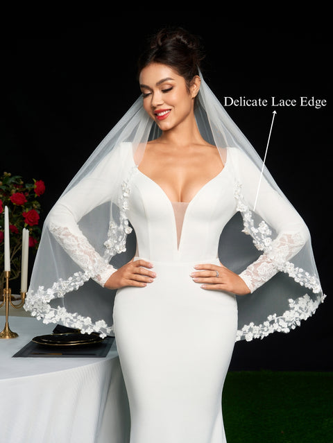 Pearl Fingertip Length Floral Wedding Bridal Veil with Comb AS19