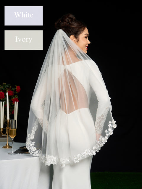 Pearl Fingertip Length Floral Wedding Bridal Veil with Comb AS19