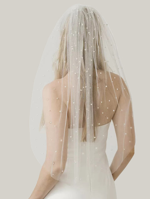 Pearl 1 Tier Elbow Length Wedding Bridal Veil with Metal Comb AS21