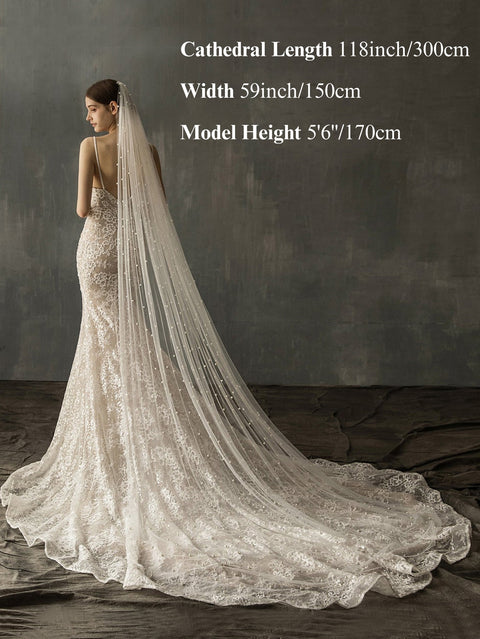 Pearl Cathedral Length Wedding Bridal Veil with Metal Comb for Bride AS23