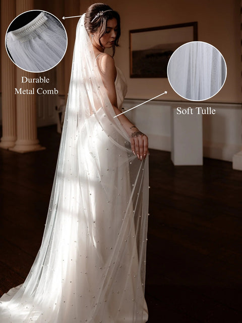 Pearl Cathedral Length Wedding Bridal Veil with Metal Comb for Bride AS23