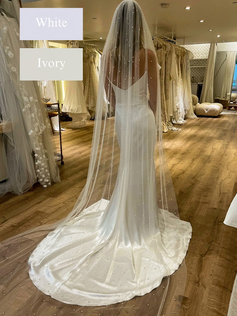 Pearl Cathedral Length Wedding Bridal Veil with Metal Comb for Bride AS23