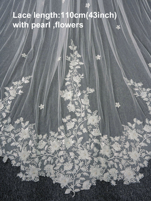 Pearl Floral Cathedral Wedding Bridal Veil with Metal Comb AS25