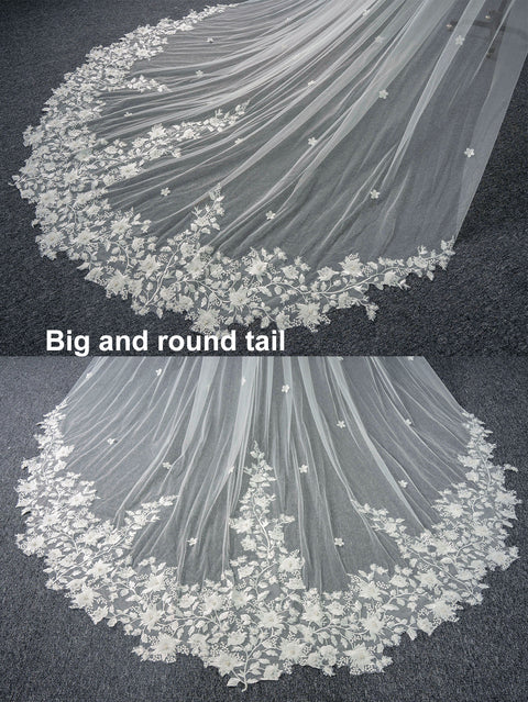 Pearl Floral Cathedral Wedding Bridal Veil with Metal Comb AS25