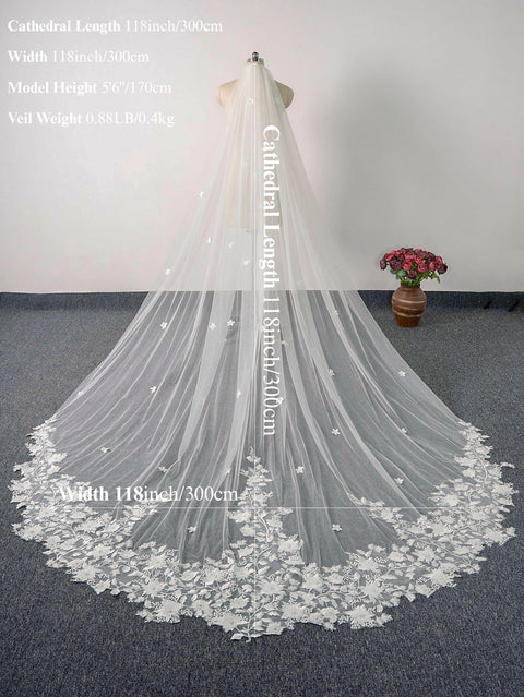 Pearl Floral Cathedral Wedding Bridal Veil with Metal Comb AS25