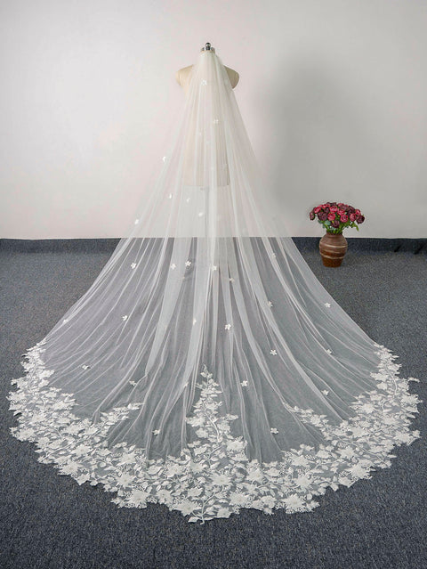 Pearl Floral Cathedral Wedding Bridal Veil with Metal Comb AS25