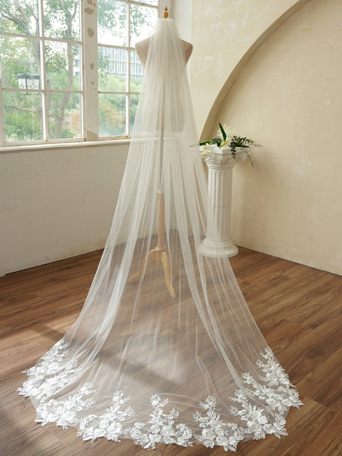 1 Tier Chapel Length Sequin Lace Floral Wedding Bridal Veil with Metal Comb for Brides AG01