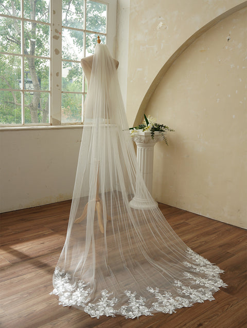 1 Tier Chapel Length Sequin Lace Floral Wedding Bridal Veil with Metal Comb for Brides AG01