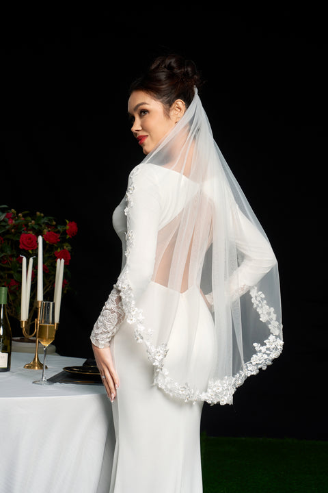 Pearl Fingertip Length Floral Wedding Bridal Veil with Comb AS19