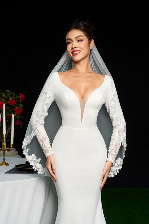 Pearl Fingertip Length Floral Wedding Bridal Veil with Comb AS19