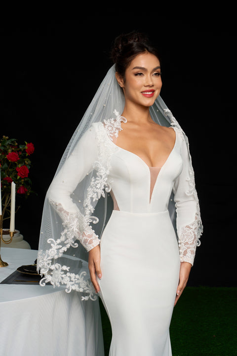 Pearl Fingertip Length Wedding Bridal Veil with Metal Comb AS14