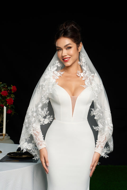 Fingertip Length Lace Floral Wedding Bridal Veil with Comb AS18