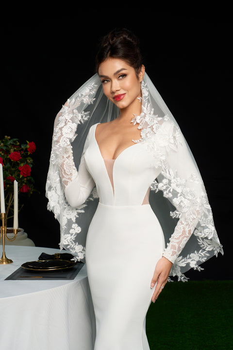 Fingertip Length Lace Floral Wedding Bridal Veil with Comb AS18